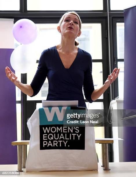 Leader of the Women's Equality Party Sophie Walker speaks during the launch of their Election manifesto at the party's headquarters on May 12, 2017...