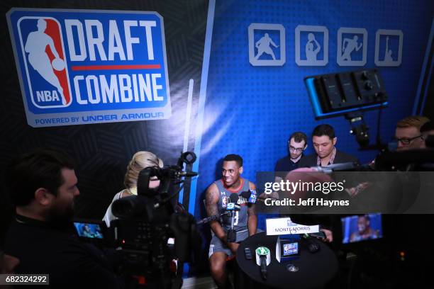 Monte Morris talks to the media during the NBA Draft Combine at the Quest Multisport Center on May 11, 2017 in Chicago, Illinois. NOTE TO USER: User...