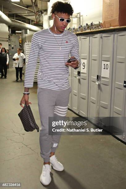 Kelly Oubre Jr. #12 of the Washington Wizards arrives at the arena before Game Five of the Eastern Conference Semifinals against the Boston Celtics...