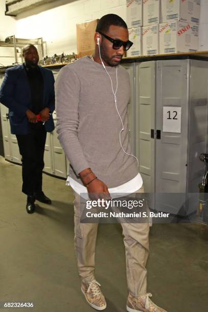 John Wall of the Washington Wizards arrives at the arena before Game Five of the Eastern Conference Semifinals against the Boston Celtics during the...