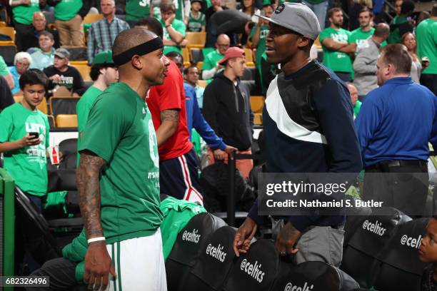 Jamal Crawford of the LA Clippers talks with Isaiah Thomas of the Boston Celtics before Game Five of the Eastern Conference Semifinals against the...