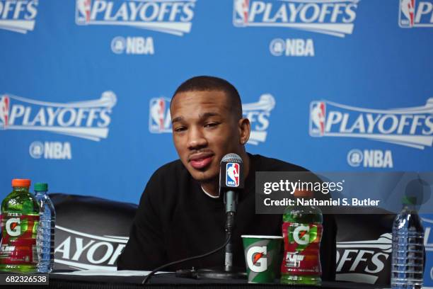 Avery Bradley of the Boston Celtics talks to the media during a press conference after Game Five of the Eastern Conference Semifinals against the...