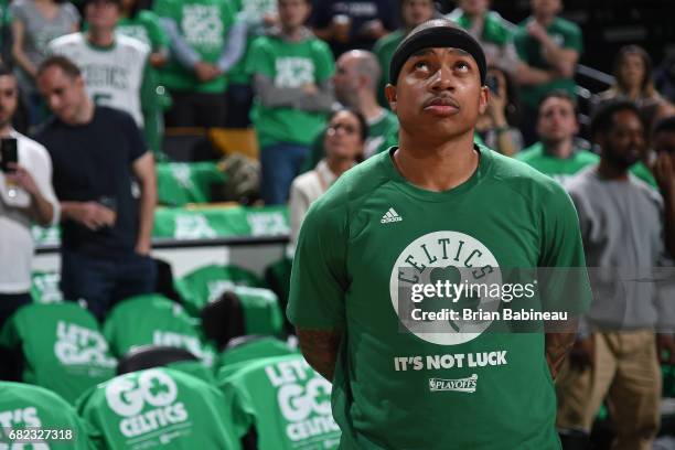 Isaiah Thomas of the Boston Celtics looks up before Game Five of the Eastern Conference Semifinals against the Washington Wizards during the 2017 NBA...