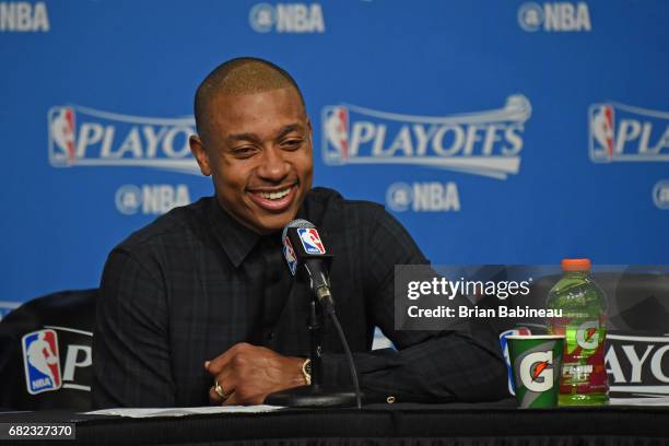 Isaiah Thomas of the Boston Celtics smiles as he talks to the media during a press conference after Game Five of the Eastern Conference Semifinals...