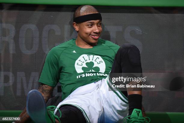 Isaiah Thomas of the Boston Celtics smiles as he waits to get in Game Five of the Eastern Conference Semifinals against the Washington Wizards during...