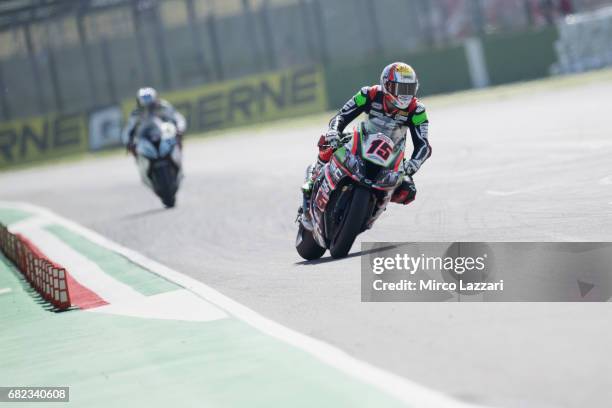 Alex De Angelis of Rep. San Marino and Pedercini Racing heads down a straight during the FIM Superbike World Championship - Free Practice at Misano...