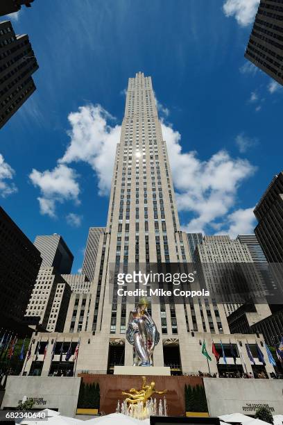 View of Artist Jeff Koons' seated ballerina inflatable sculpture at Rockefeller Center on May 12, 2017 in New York City.