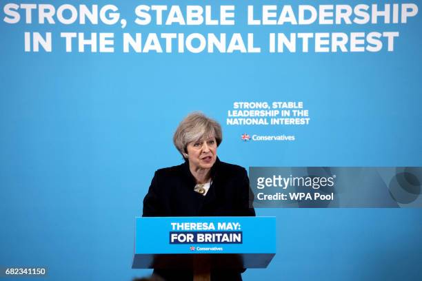 Prime Minister Theresa May speaks to party supporters as she campaigns in the North East of England during a visit to the Linskill Centre on May 12,...