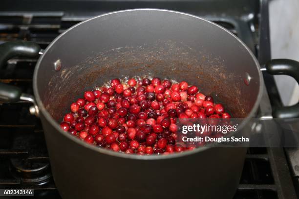 preparing cranberry sauce on a stove top - cranberry sauce 個照片及圖片檔