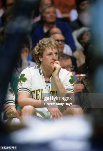 Finals: Boston Celtics Larry Bird on bench during game vs Houston Rockets at Boston Garden. Game 2. Boston, MA 5/7/1981 CREDIT: Andy Hayt