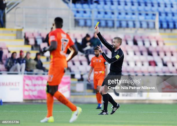 Thomas Piermayer of Athletic FC Eskilstuna is shown a yellow card by Glenn Nyberg, referee, during the Allsvenskan match between Athletic FC...