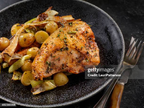 gegrillte hähnchenbrust mit gemüse mit knochen - hühnchenbrust stock-fotos und bilder