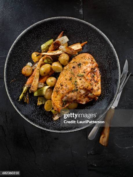 grilled bone in chicken breasts with vegetables - gourmet chicken stock pictures, royalty-free photos & images