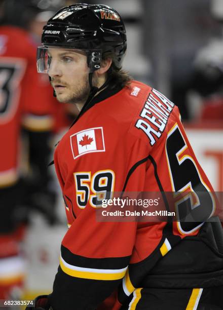 Max Reinhart of the Calgary Flames warms up before the game against the Chicago Blackhawks at Scotiabank Saddledome on November 20, 2014 in Calgary,...