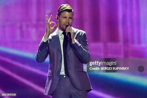 Swedish singer representing Sweden with the song "I can't go on" Robin Bengtsson performs on stage during the Grand Final rehearsal of Eurovision...