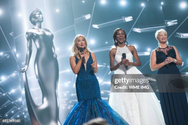 Hosts Alex Wehrley and Miss USA 2016, Deshauna Barber and Stephani Kammer on stage during the MISS USA® Preliminary Competition at Mandalay Bay...