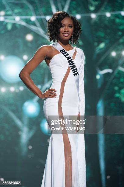 Mia Jones, Miss Delaware USA 2016 competes on stage in her evening gown during the MISS USA® Preliminary Competition at Mandalay Bay Convention...