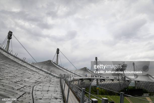 View from the roof of The Munich Olympic stadium or Olympiastadion on April 15, 2017 in Munich, Germany. Olympiastadion or Olympic Stadium was...