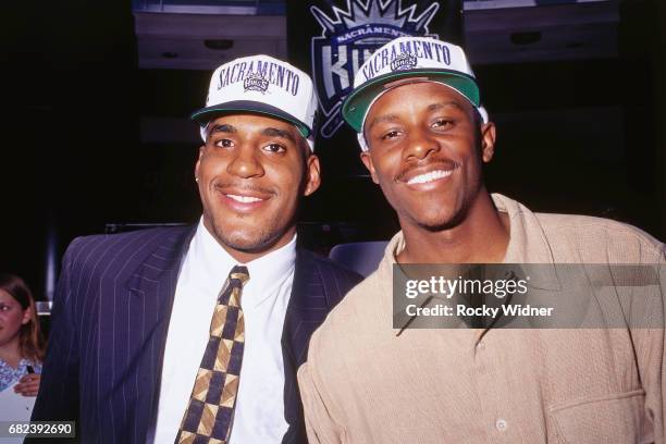 Corliss Williamson and Tyus Edney of the Sacramento Kings pose for a portrait circa 1996 at Arco Arena in Sacramento, California. NOTE TO USER: User...