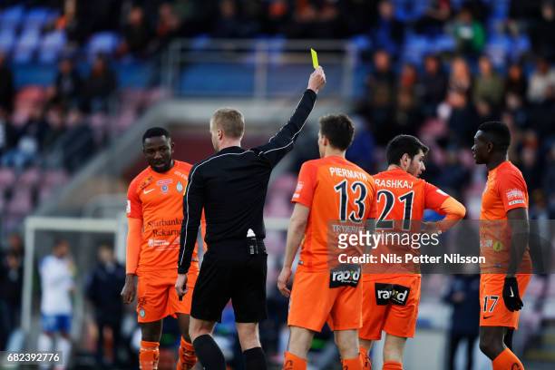 Glenn Nyberg, referee, shows the yellow card during the Allsvenskan match between Athletic FC Eskilstuna and IFK Norrkoping at Tunavallen on May 12,...