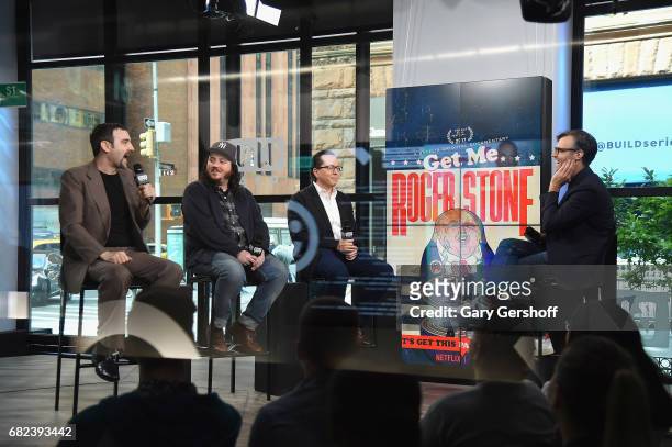 Dylan Bank, Daniel Di Mauro and Morgan Pehme attend Build Series with moderator Ricky Camilleri to discuss the film "Get Me Roger Stone" at Build...
