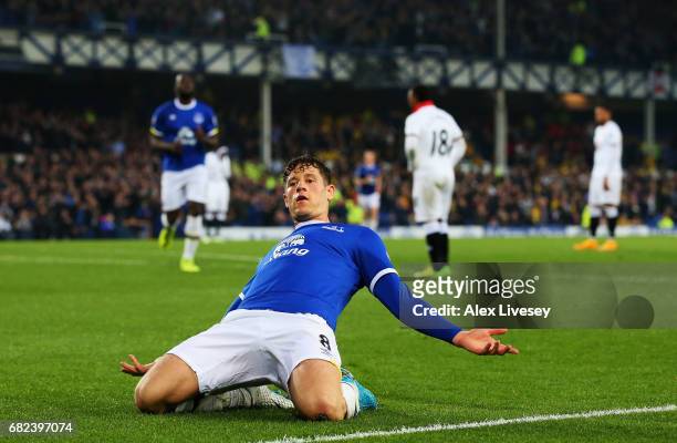 Ross Barkley of Everton celebrates scoring his sides first goal during the Premier League match between Everton and Watford at Goodison Park on May...