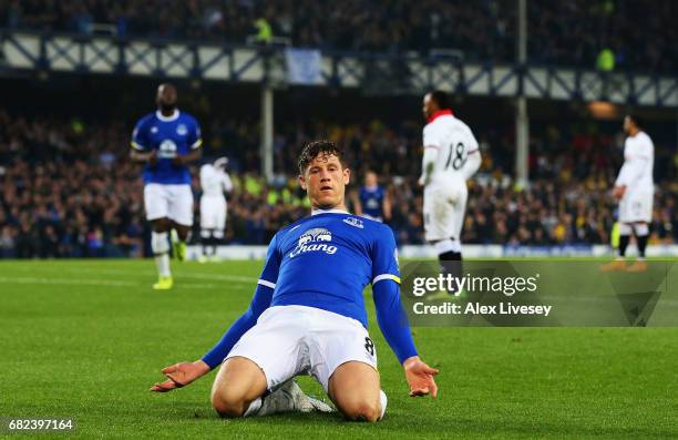 Ross Barkley of Everton celebrates scoring his sides first goal during the Premier League match between Everton and Watford at Goodison Park on May...