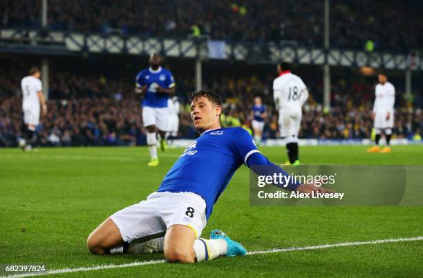 Ross Barkley of Everton celebrates scoring his sides first goal during the Premier League match between Everton and Watford at Goodison Park on May...