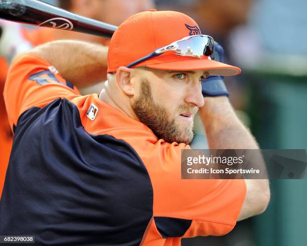 Detroit Tigers right fielder Tyler Collins on the field during batting practice before a game against the Los Angeles Angels of Anaheim, on May 11...