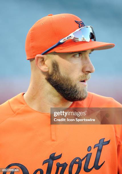 Detroit Tigers right fielder Tyler Collins on the field during batting practice before a game against the Los Angeles Angels of Anaheim, on May 11...