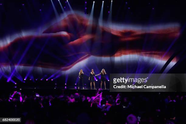 Amy, Shelley and Lisa Vol of the band OG3NE, representing the Netherlands, perform the song 'Lights and Shadows' during the rehearsal for ''The final...