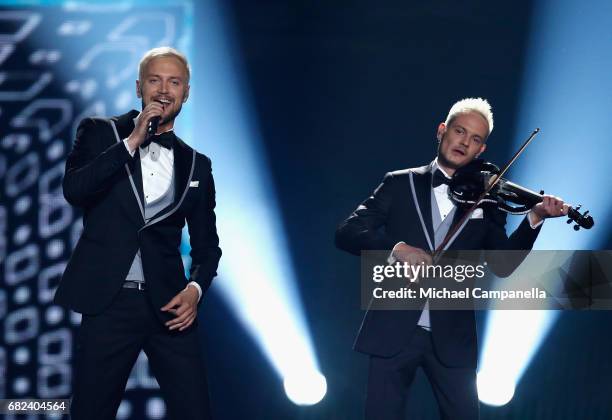 Sunstroke Project, representing Moldova, perform the song 'Hey Mamma' during the rehearsal for ''The final of this year's Eurovision Song Contest''...