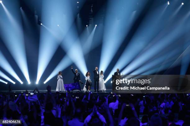 Sunstroke Project, representing Moldova, perform the song 'Hey Mamma' during the rehearsal for ''The final of this year's Eurovision Song Contest''...