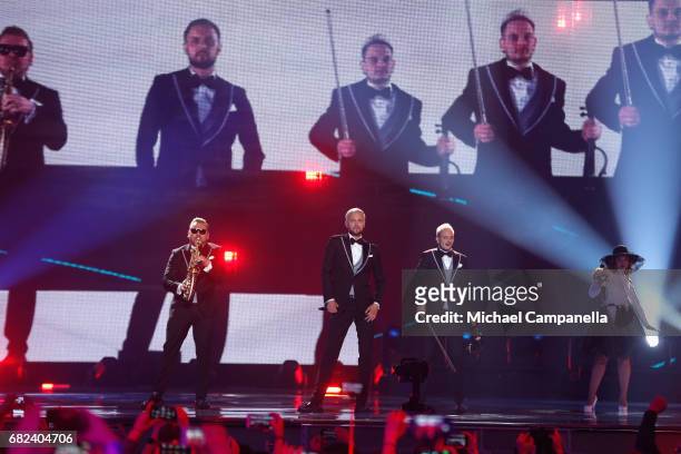 Sunstroke Project, representing Moldova, perform the song 'Hey Mamma' during the rehearsal for ''The final of this year's Eurovision Song Contest''...
