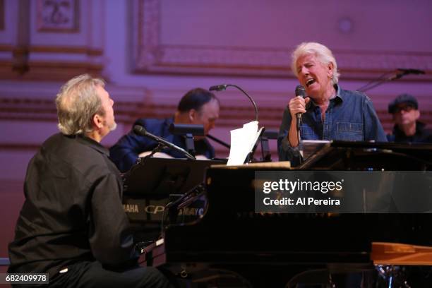 Graham Nash and Jimmy Webb rehearse for in 'City Winery Presents A Celebration of the Music of Jimmy Webb' at Carnegie Hall on May 3, 2017 in New...