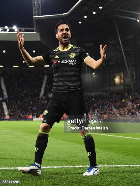 Cesc Fabregas of Chelsea celebrates his sides first goal during the Premier League match between West Bromwich Albion and Chelsea at The Hawthorns on...