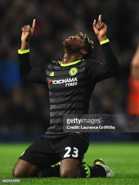 Michy Batshuayi of Chelsea celebrates winning the leauge after the Premier League match between West Bromwich Albion and Chelsea at The Hawthorns on...