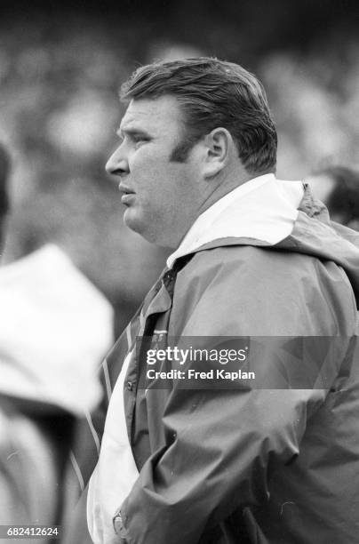 Divisional Playoffs: Close up of Oakland Raiders head coach John Madden on the sidelines during game vs Houston Oilers at Oakland-Alameda County...