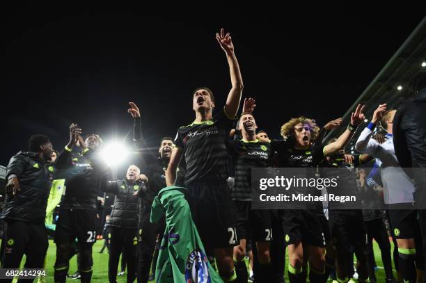 The Chelsea team celebrate winning the leauge after the Premier League match between West Bromwich Albion and Chelsea at The Hawthorns on May 12,...