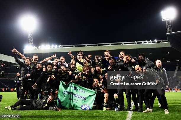 The Chelsea players and staff celebrate winning the leauge after the Premier League match between West Bromwich Albion and Chelsea at The Hawthorns...