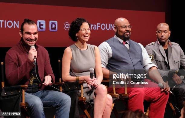 Actors Javier Munoz, Mandy Gonzalez, James Monroe Iglehart and Brandon Victor Dixon onstage during the SAG-AFTRA Foundation Conversations On Broadway...