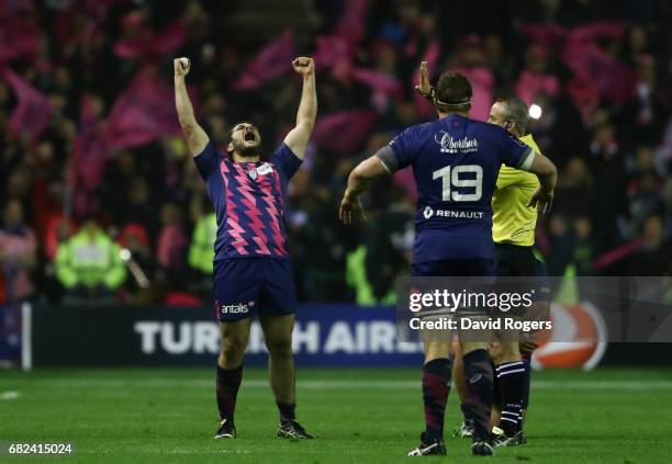 Laurent Panis of Stade Francais celebrates his team's 25017 victory as the final whistle blows during the European Rugby Challenge Cup Final between...