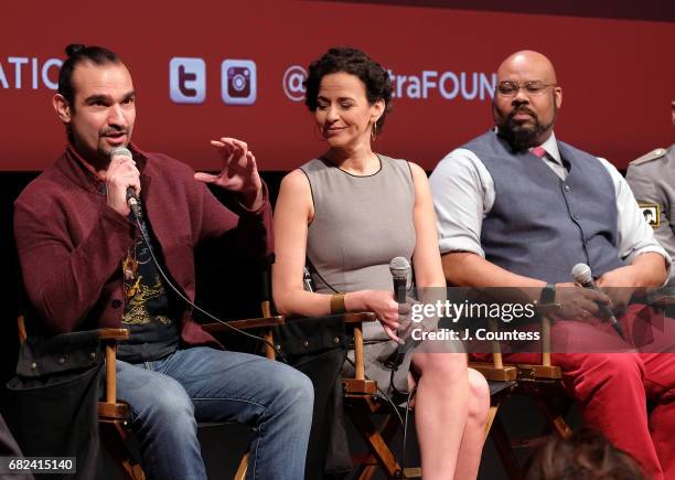 Actors Javier Munoz, Mandy Gonzalez and James Monroe Iglehart onstage during the SAG-AFTRA Foundation Conversations On Broadway "Hamilton" at...