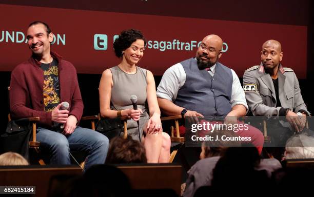 Actors Javier Munoz, Mandy Gonzalez, James Monroe Iglehart and Brandon Victor Dixon onstage during the SAG-AFTRA Foundation Conversations On Broadway...