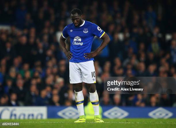 Romelu Lukaku of Everton reacts during the Premier League match between Everton and Watford at Goodison Park on May 12, 2017 in Liverpool, England.