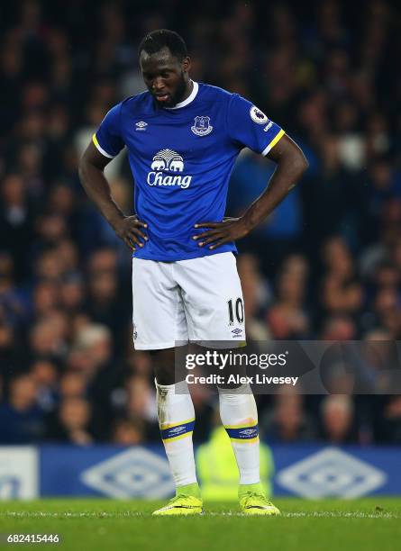 Romelu Lukaku of Everton reacts during the Premier League match between Everton and Watford at Goodison Park on May 12, 2017 in Liverpool, England.