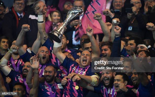 Sergio Parisse of Stade Francais lifts the trophy following his team's 25-17 victory during the European Rugby Challenge Cup Final between Gloucester...