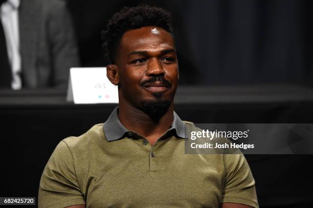 Jon Jones smiles at the crowd during the UFC Summer Kickoff Press Conference at the American Airlines Center on May 12, 2017 in Dallas, Texas.