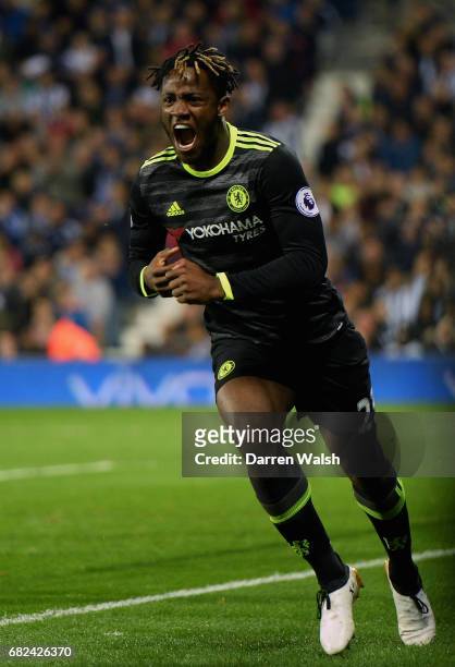Michy Batshuayi of Chelsea celebrates scoring his sides first goal during the Premier League match between West Bromwich Albion and Chelsea at The...