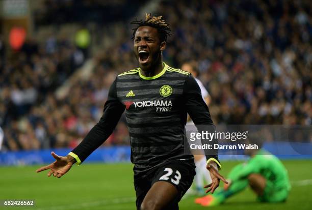 Michy Batshuayi of Chelsea celebrates scoring his sides first goal during the Premier League match between West Bromwich Albion and Chelsea at The...